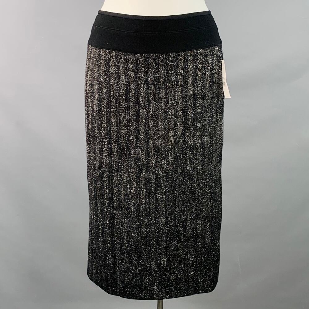 DONNA KARAN Size 10 Black Silver Wool Blend Pencil Midi Skirt